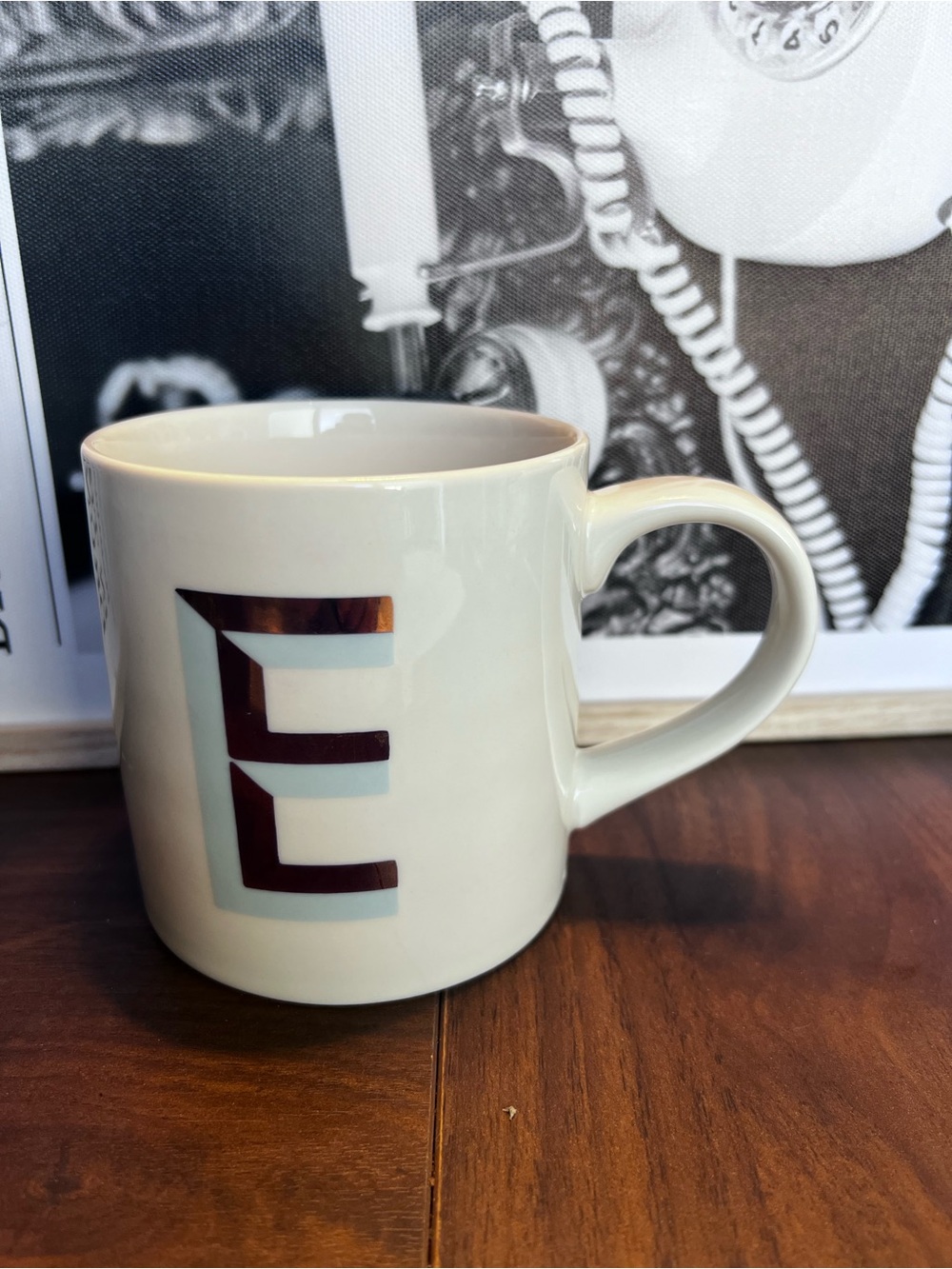 Opalhouse White Ceramic Mug with gold  Letter E and Light Blue Accent